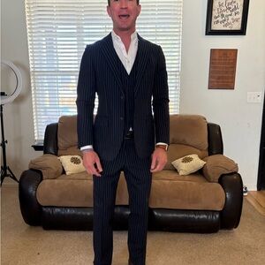 Suitsupply Blue Three-Piece Suit with Pinstripes